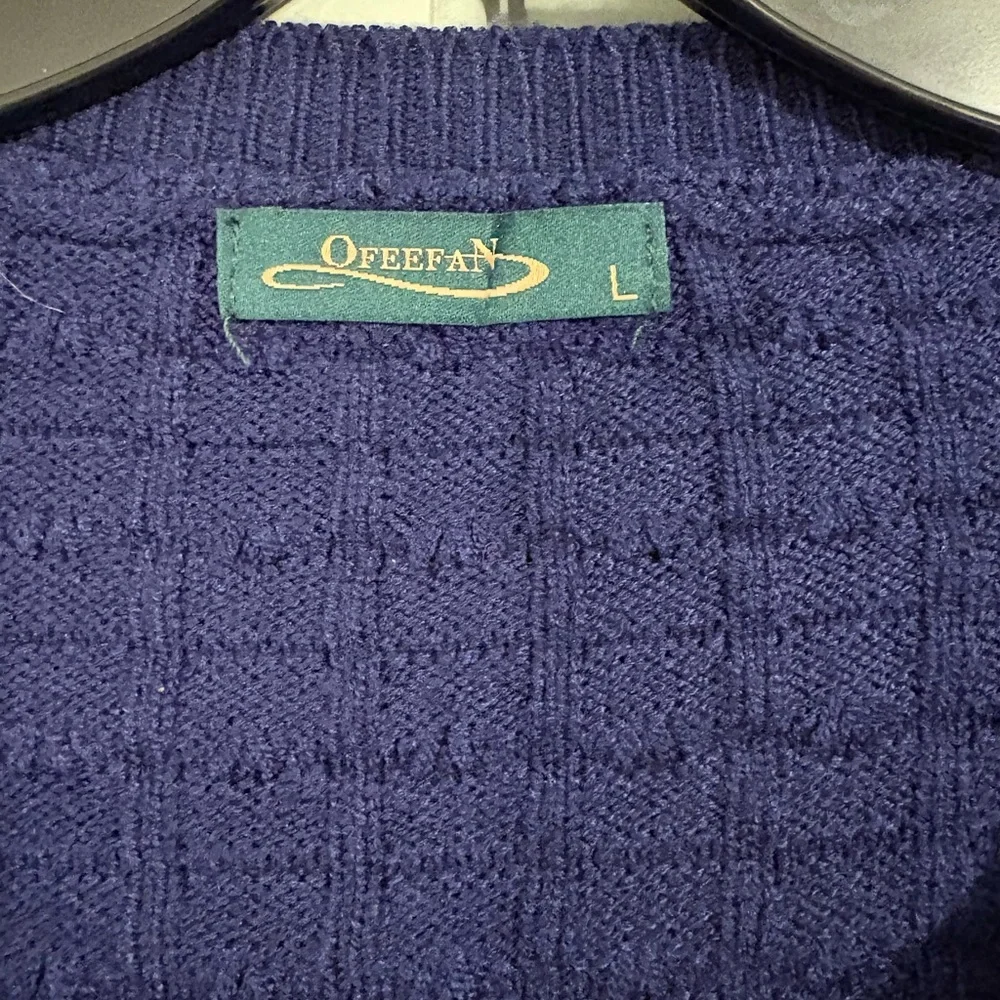 Large Navy Waffle Knit gold Button pockets Cardigan New England Coastal vibe - Picture 5 of 5